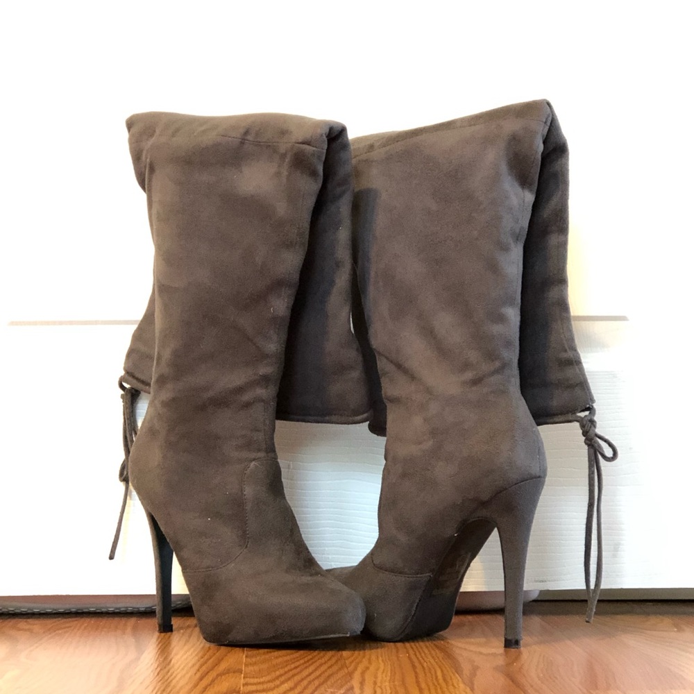 Gray thigh-high heeled boots